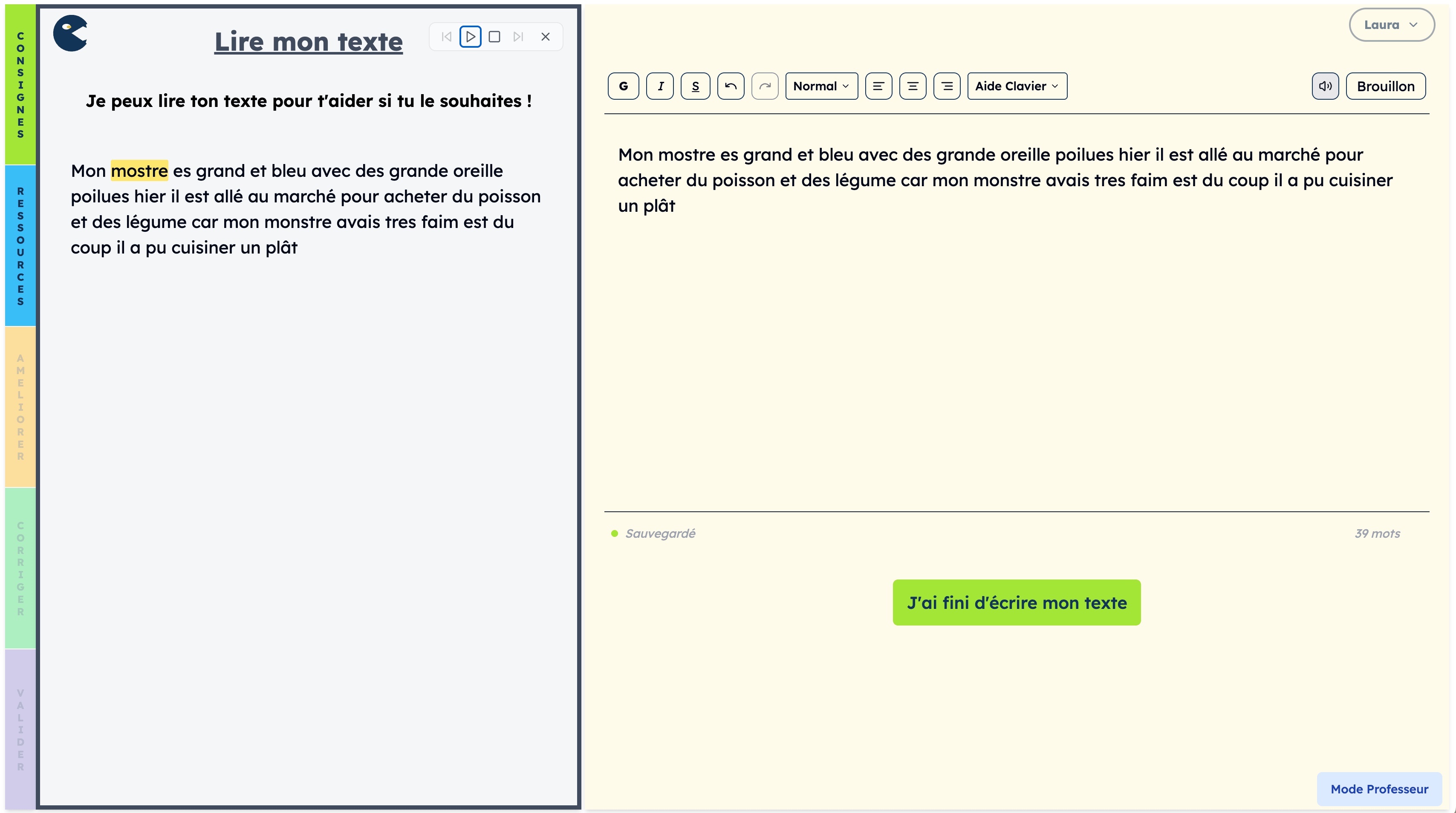 Fonctionnalité Lire mon texte